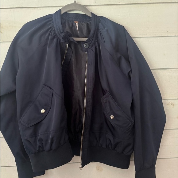 Free People Navy Bomber Jacket with Ribbed Collar and Relaxed Fit - Picture 10 of 12